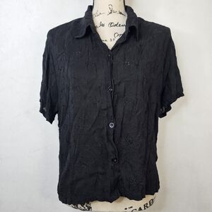y2k goth Black embroidered floral polo button up shirt sz L
